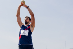 Andrin Schneider  (LAC TV Unterstrass #13) competes in the shot put of the mens decathlon atSchweizer Mehrkampf Meisterschaften in Basel, Switzerland, on Saturday, June 17, 2023.