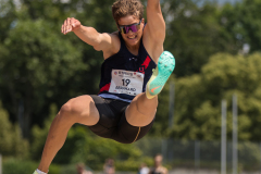 Leif Bernhard  (LAC TV Unterstrass #19)p competes in the long jump of the mens decathlon at 

Schweizer Mehrkampf Meisterschaften in Basel, Switzerland, on Saturday, June 17, 2023.