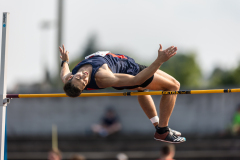 Andrin Schneider  (LAC TV Unterstrass #13) competes in the high  jump of the mens decathlon at 

Schweizer Mehrkampf Meisterschaften in Basel, Switzerland, on Saturday, June 17, 2023.