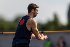 Andrin Schneider  (LAC TV Unterstrass #13) competes in the high  jump of the mens decathlon at 

Schweizer Mehrkampf Meisterschaften in Basel, Switzerland, on Saturday, June 17, 2023.