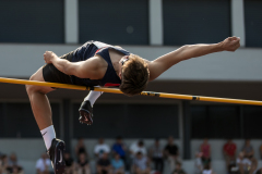 Leif Bernhard  (LAC TV Unterstrass #19) competes in the high jump of the mens decathlon at

Schweizer Mehrkampf Meisterschaften in Basel, Switzerland, on Saturday, June 17, 2023.