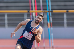 Andrin Schneider  (LAC TV Unterstrass #13) competes in the high jump of the mens decathlon at

Schweizer Mehrkampf Meisterschaften in Basel, Switzerland, on Saturday, June 17, 2023.