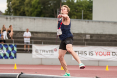 Daniel Malach  (LAC TV Unterstrass #8) competes in the javelin throw of the mens decathlon

Schweizer Mehrkampf Meisterschaften in Basel, Switzerland, on Sunday, June 18, 2023.