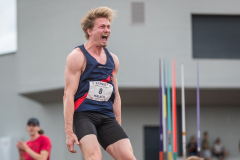 Daniel Malach  (LAC TV Unterstrass #8) celebrates in the javelin throw of the mens decathlon

Schweizer Mehrkampf Meisterschaften in Basel, Switzerland, on Sunday, June 18, 2023.